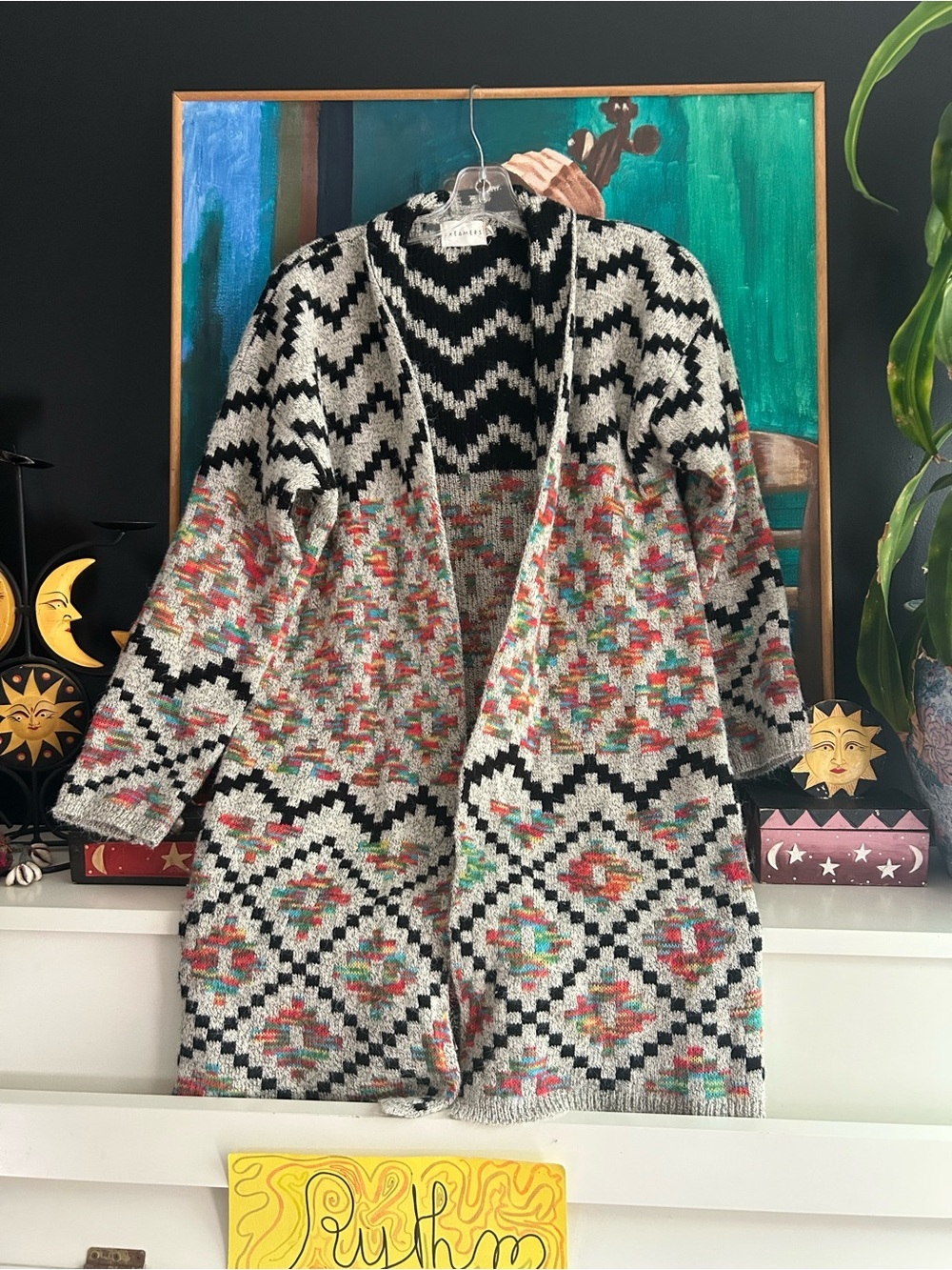 Dreamers Aztec Tribal Open Front Long Cardigan Sweater Boho Women’s M/L Gray